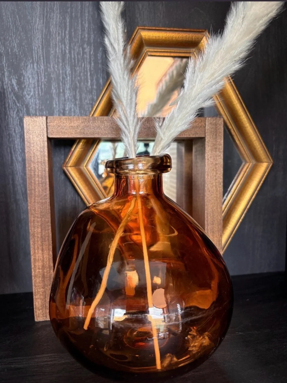 Vintage Amber Hand Blown Glass Vase w Faux Pampas Stems 6”